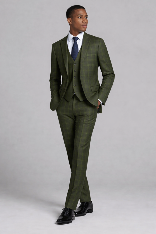Olive Green Checkered 3-Pc-Slim Fit