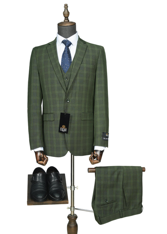 Olive Green Checkered 3-Pc-Slim Fit