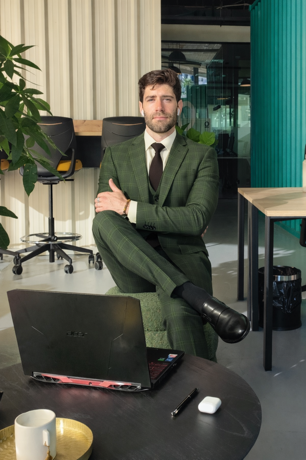 Olive Green Checkered 3-Pc-Slim Fit