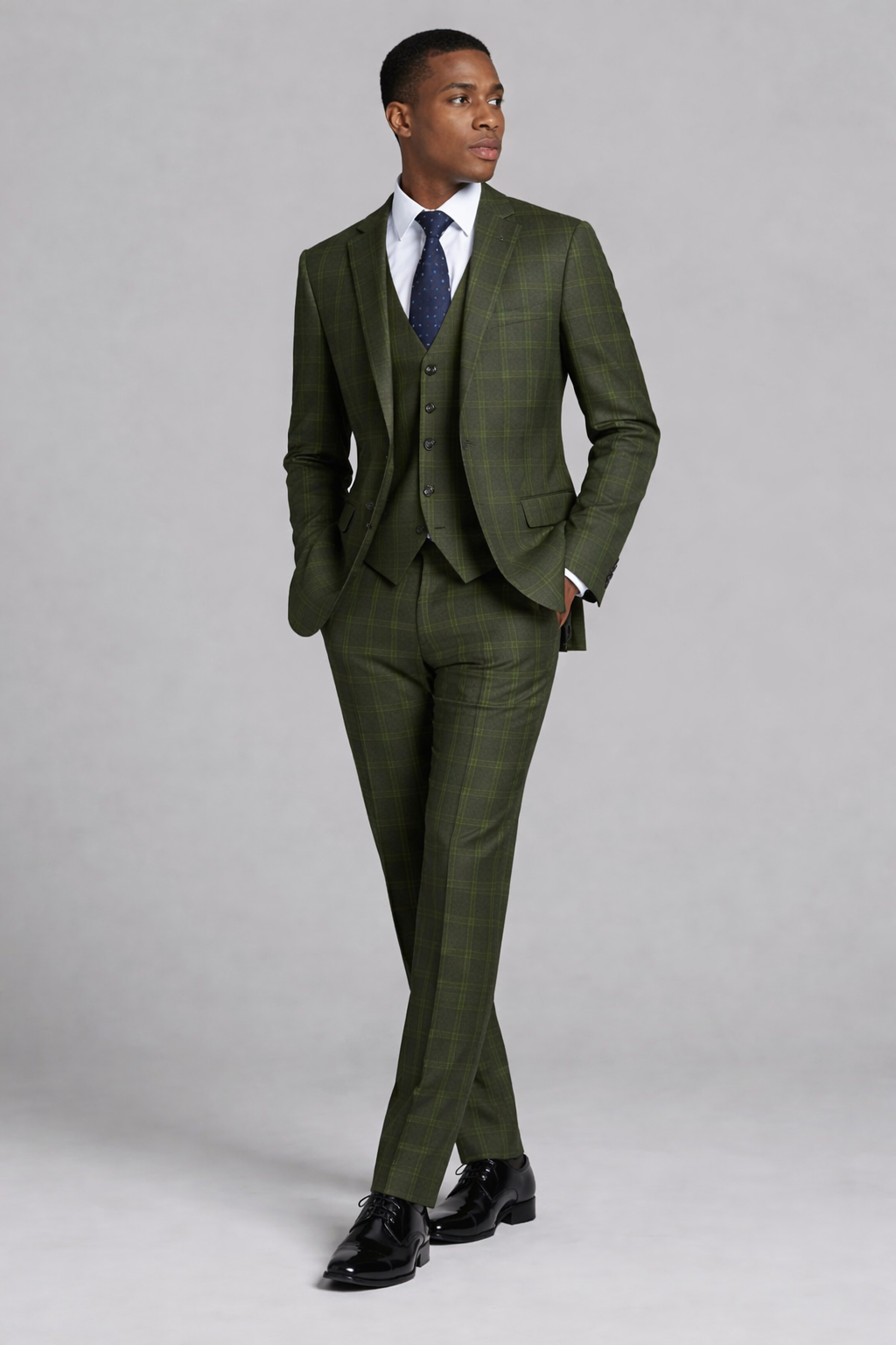 Olive Green Checkered 3-Pc-Slim Fit
