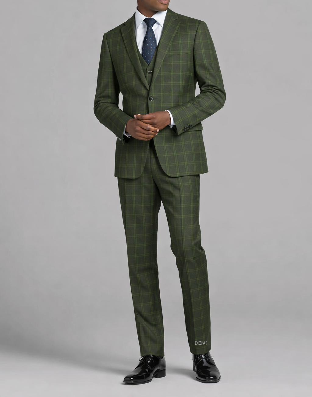 Olive Green Checkered 3-Pc-Slim Fit