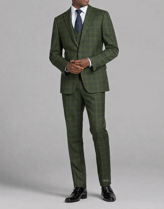 Olive Green Checkered 3-Pc-Slim Fit